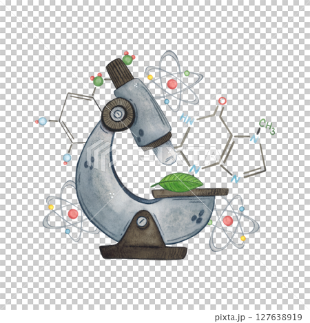 Microscope nearby chemical formulas fly. Watercolor illustration hand drawn, cartoon. Drawing for sticker, cards, invitations, scrapbooking. science, school, laboratory, back to school, bio, chemistry 127638919