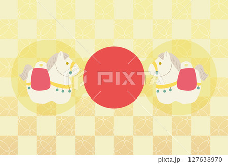 馬の土鈴と和柄背景の年賀状イラスト素材 馬の土鈴と和柄背景の年賀状イラスト素材 127638970