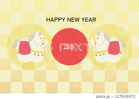 馬の土鈴と和柄背景の2026年賀状テンプレート 馬の土鈴と和柄背景の2026年賀状テンプレート 127638972