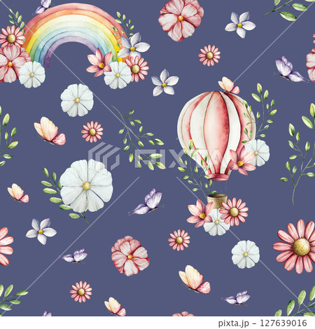 Seamless pattern with air Balloon with basket. Watercolor hand drawn rainbow magical clipart with Spring flowers and branches with leaves. Gerbera, chamomile, echinacea isolated on background, cartoon Seamless pattern with air Balloon with basket. Watercolor hand drawn rainbow magical clipart with Spring flowers and branches with leaves. Gerbera, chamomile, echinacea isolated on background, cartoon 127639016
