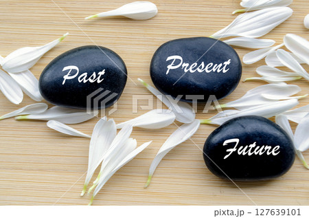 Zen stones labeled past, present, future on calming background for mindfulness 127639101