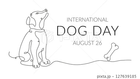 Conceptual banner for celebrating International Dog Day. Horizontal vector background with a sitting dog in a line art style. Ready-made design for a web banner, invitation, or flyer with text space. 127639185