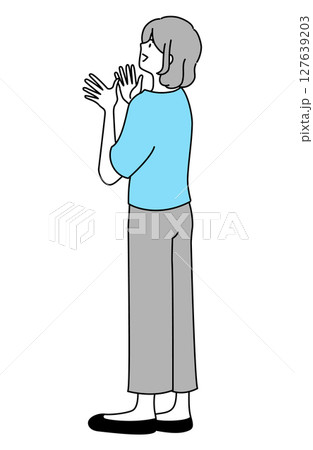 笑顔で何かを見上げて拍手している若い女性の横顔イラスト 笑顔で何かを見上げて拍手している若い女性の横顔イラスト 127639203