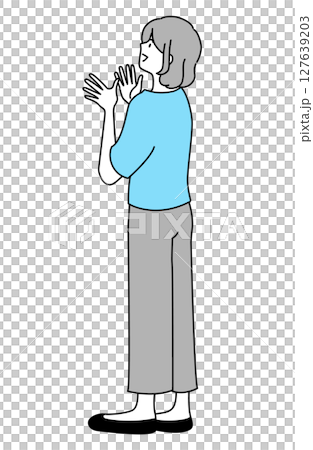 笑顔で何かを見上げて拍手している若い女性の横顔イラスト 笑顔で何かを見上げて拍手している若い女性の横顔イラスト 127639203