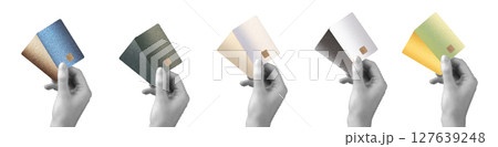 A hand holding a unique, fashionable bank card with chip, showcasing currency and bonus features. 127639248