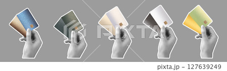 A hand holding a unique, fashionable bank card with chip, symbolizing modern finance, shopping, and 127639249