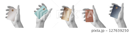 A hand holding a unique, fashionable credit card with chip, representing modern trade and electronic 127639250