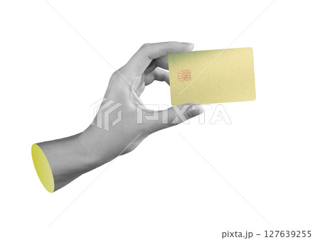 Bank card held in hand. Credit and debit cards with chip for secure online payment, transfer, and 127639255