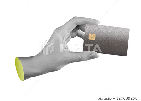 Bank card held in hand. Credit, debit, and loan cards with chip, showing smart design for secure 127639258