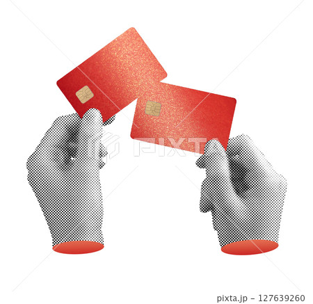 Bank card held in hand, showcasing credit and debit features for payment, shopping, and electronic 127639260