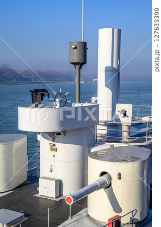 River monitor Sava, historical floating museum ship on Sava river in Belgrade, capital of Serbia River monitor Sava, historical floating museum ship on Sava river in Belgrade, capital of Serbia 127639390