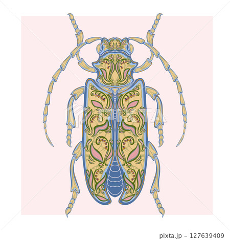 Stylized decorative illustration of a beetle with intricate floral patterns in Art Nouveau style, inspired by nature. 127639409