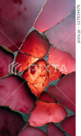 Semiprecious red gemstone surface with organic cracked fragments and translucent texture 127639476