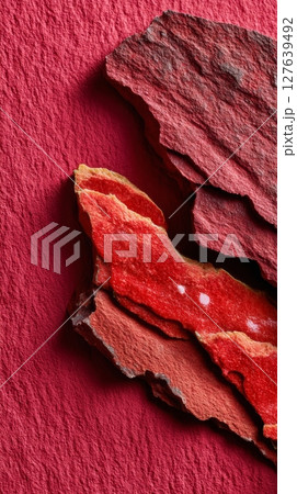 Fragmented red sandstone with sharp mineral cuts and raw layered structure in macro texture Fragmented red sandstone with sharp mineral cuts and raw layered structure in macro texture 127639492