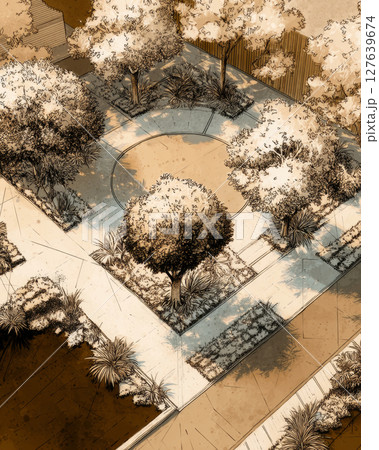 Urban courtyard sketch with circular plaza and surrounding trees 127639674