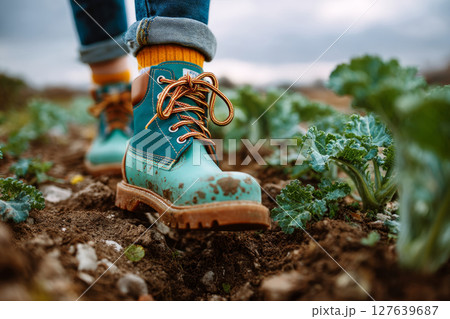 Colorful muddy boots walking through soil rows in garden with leafy greens 127639687