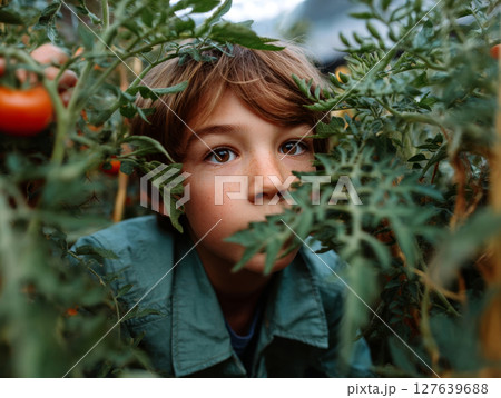 Boy looking through lush tomato vines in garden surrounded by green leaves and ripe tomatoes 127639688
