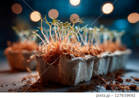 Delicate green microgreens growing in a cardboard seedling tray in warm indoor light 127639692