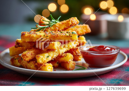 Crispy herb-seasoned pickle fries with ketchup on a white plate in festive setting 127639699