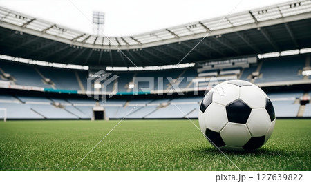 A Close-up of Soccer ball on Empty Stadium Pitch A Close-up of Soccer ball on Empty Stadium Pitch 127639822