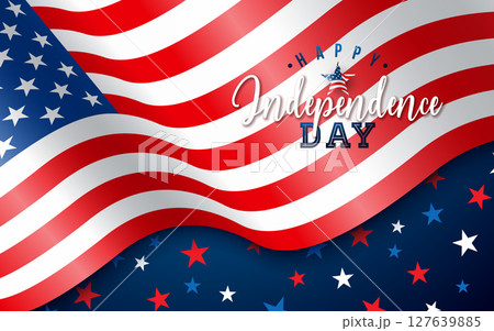 4th of July Independence Day of the USA Vector Illustration with American Flag and Falling Star Confetti on Blue Background. Fourth of July National Celebration Design with Typography Letter for 4th of July Independence Day of the USA Vector Illustration with American Flag and Falling Star Confetti on Blue Background. Fourth of July National Celebration Design with Typography Letter for 127639885
