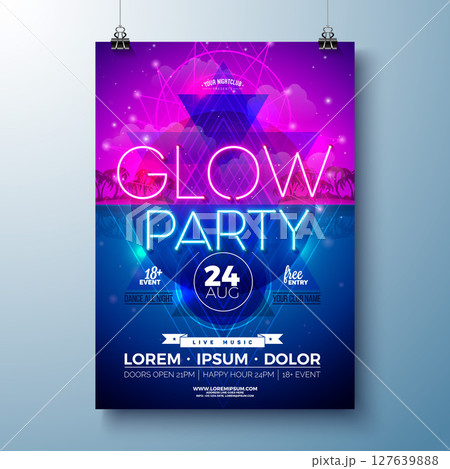 Summer Party Banner Design Template with Glowing Neon Light on Fluorescent Tropic Leaves Background. Vector Summer Celebration Holiday Illustration for Banner, Flyer, Invitation or Celebration Poster. 127639888