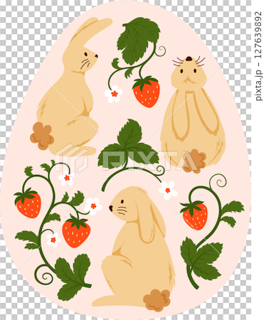 Composition of Easter Bunnies and Strawberry Branches with Berries and Blossoms on Egg Shape. Cute Spring Holiday Illustration for Greeting Cards, Invitations, Banners and Stickers 127639892