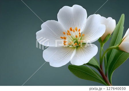 A close-up of a delicate white flower with orange stamens and lush green leaves against a soft teal background. Perfect for nature, beauty, and floral themes. A close-up of a delicate white flower with orange stamens and lush green leaves against a soft teal background. Perfect for nature, beauty, and floral themes. 127640030