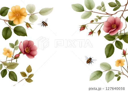 Beautiful floral border featuring yellow and red flowers, green leaves, and two buzzing bees on a white background. Perfect for nature-themed designs, invitations, and decorative projects. 127640038