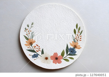 Round floral composition featuring soft pastel flowers, green leaves, and textured white paper. Perfect for wedding designs, invitations, greeting cards, or elegant decorations. 127640051