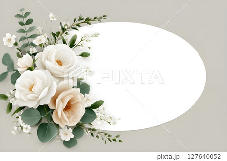 Elegant floral design featuring white and beige roses, green leaves, and delicate blossoms surrounding a blank oval space. Ideal for invitations, greeting cards, and elegant templates. 127640052