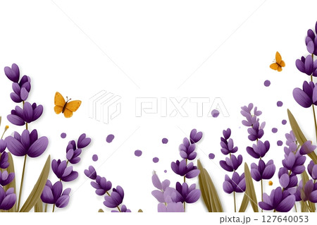 Elegant illustration featuring vibrant purple lavender flowers, green stems, and orange butterflies on a white background. Perfect for nature-inspired designs, invitations, or decorative templates. 127640053