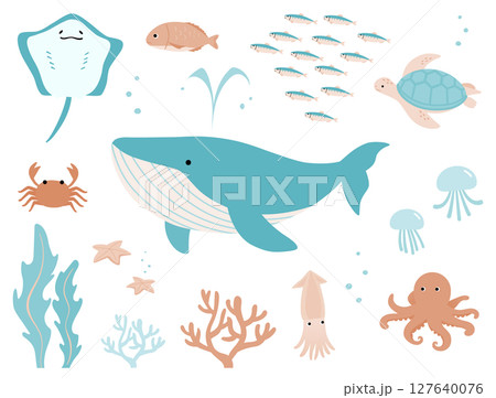 夏の海の生き物シンプルかわいいイラストセット 127640076