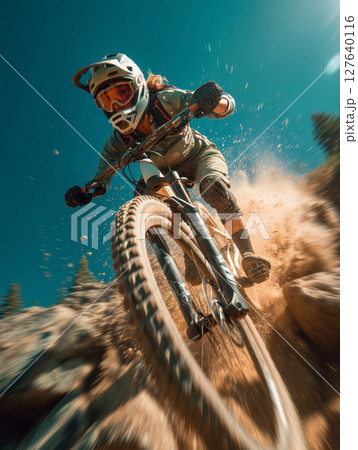 Latina athlete flies through the air on her mountain bike outdoors Latina athlete flies through the air on her mountain bike outdoors 127640116