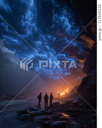 Adventurers explore mystical cave illuminated by glowing headlamps 127640120