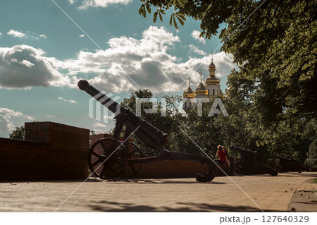 Once employed in combat, the old artillery now calmly observes a broad panorama of the surroundings. Once employed in combat, the old artillery now calmly observes a broad panorama of the surroundings. 127640329