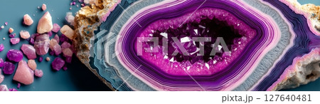 Semiprecious geode slice with vivid pink and purple crystals on blue background 127640481