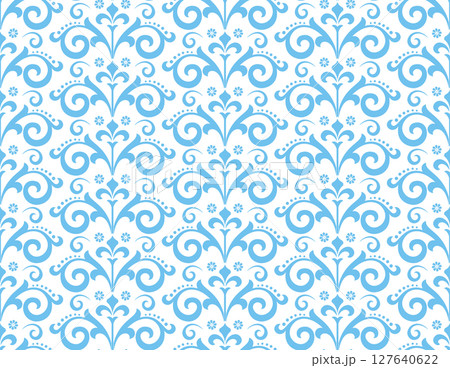 Wallpaper in the style of Baroque. White and blue floral ornament. Seamless vector background. Graphic pattern for fabric, wallpaper, packaging. Ornate Damask flower illustration 127640622