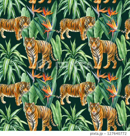 Seamless watercolor jungle pattern with bengal tigers bird of paradise flowers and tropical banana leaves 127640772