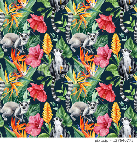 Watercolor tropical seamless pattern with ring tailed lemurs hibiscus flowers strelitzia and jungle green leaves for design 127640773