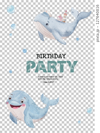 Invitation to children's birthday party. Nautical theme. Watercolor illustrations of whale with lighthouse, dolphin and water bubbles. Template with text, ready-made template. white background. 127640816
