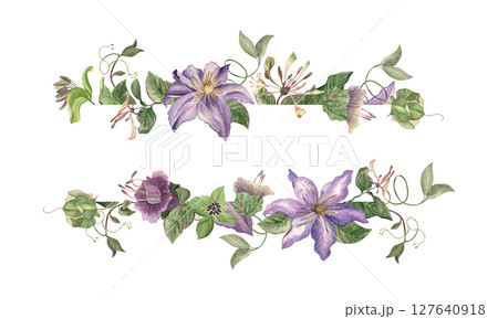 Elegant watercolor floral rectangular frame with purple flowers of clematis, honeysuckle, cobea and climbing vines. Handmade botanical illustration, perfect for wedding invitations, greeting cards Elegant watercolor floral rectangular frame with purple flowers of clematis, honeysuckle, cobea and climbing vines. Handmade botanical illustration, perfect for wedding invitations, greeting cards 127640918