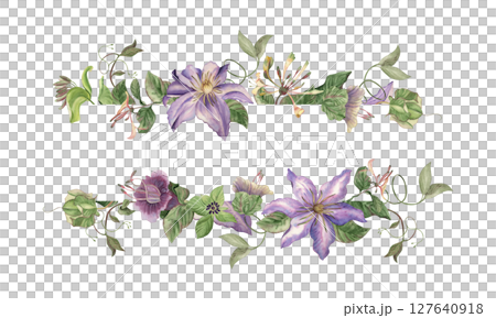 Elegant watercolor floral rectangular frame with purple flowers of clematis, honeysuckle, cobea and climbing vines. Handmade botanical illustration, perfect for wedding invitations, greeting cards Elegant watercolor floral rectangular frame with purple flowers of clematis, honeysuckle, cobea and climbing vines. Handmade botanical illustration, perfect for wedding invitations, greeting cards 127640918