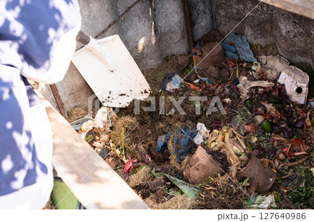 Learn About Composting Day. Composting process: organic waste decomposition with shovel in bin Learn About Composting Day. Composting process: organic waste decomposition with shovel in bin 127640986