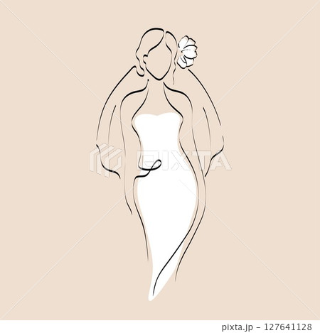 Continuous line drawing of a girl in a wedding dress and vail. Silhouette of the bride. Minimalist black linear sketch isolated on white background. Hand drawn vector illustration. Continuous line drawing of a girl in a wedding dress and vail. Silhouette of the bride. Minimalist black linear sketch isolated on white background. Hand drawn vector illustration. 127641128