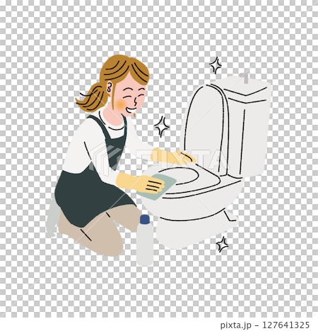A woman in an apron cleaning a toilet 127641325