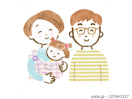 赤ちゃんをスリングで抱っこするお母さんとお父さんの家族イラスト(上半身) 赤ちゃんをスリングで抱っこするお母さんとお父さんの家族イラスト(上半身) 127641327