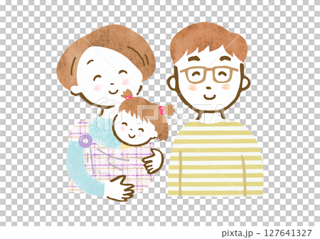 赤ちゃんをスリングで抱っこするお母さんとお父さんの家族イラスト(上半身) 赤ちゃんをスリングで抱っこするお母さんとお父さんの家族イラスト(上半身) 127641327