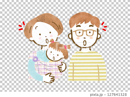 赤ちゃんをスリングで抱っこするお母さんとお父さんの家族イラスト（驚いた顔・上半身） 127641328
