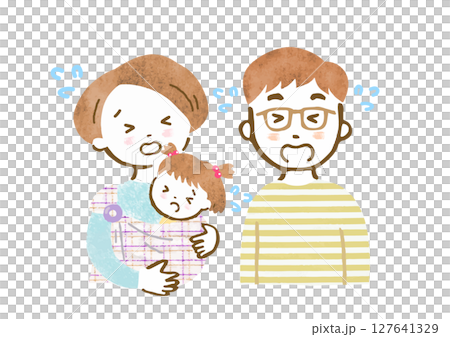 Family illustration of a mother and father holding a baby in a sling (crying face, upper body) 127641329